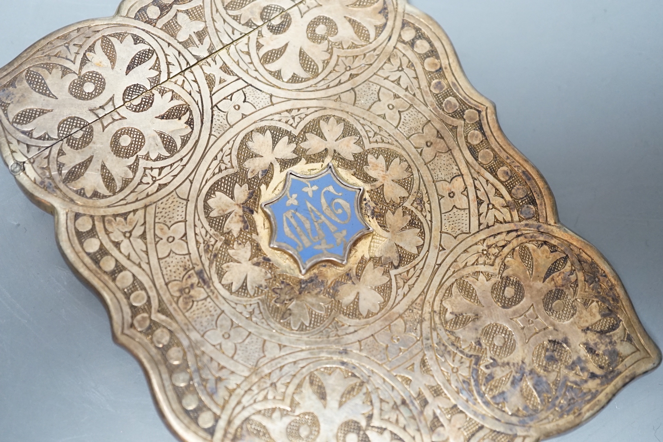 A Victorian engraved silver card case with initialled enamelled applique, Hilliard & Thomasson, Birmingham, 1851, 9.8cm